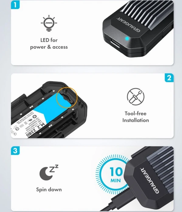 Graugear G-M202-AC-10G Externes Gehäuse für M.2 NVMe SSD, USB-C 3.1