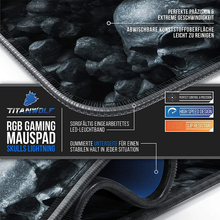 Titanwolf Skulls Lightning RGB XXL Gaming-Mauspad, 800x300mm, schwarz/weiß