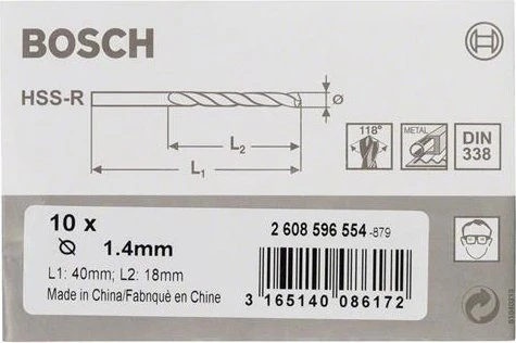 Bosch Professional HSS-R Spiralbohrer, 1.4x18x40mm, 10 Stück