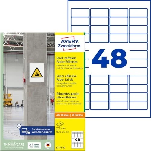 Avery-Zweckform Etiketten, 45.7x21.2mm, weiß, 20 Blatt (960 Etiketten)