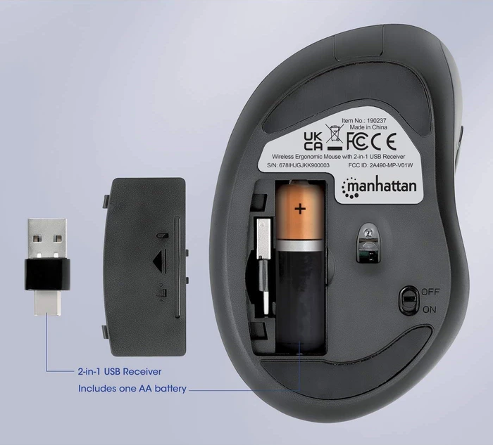 Manhattan Wireless Ergonomic Mouse with 2-in-1 USB Receiver, schwarz, USB
