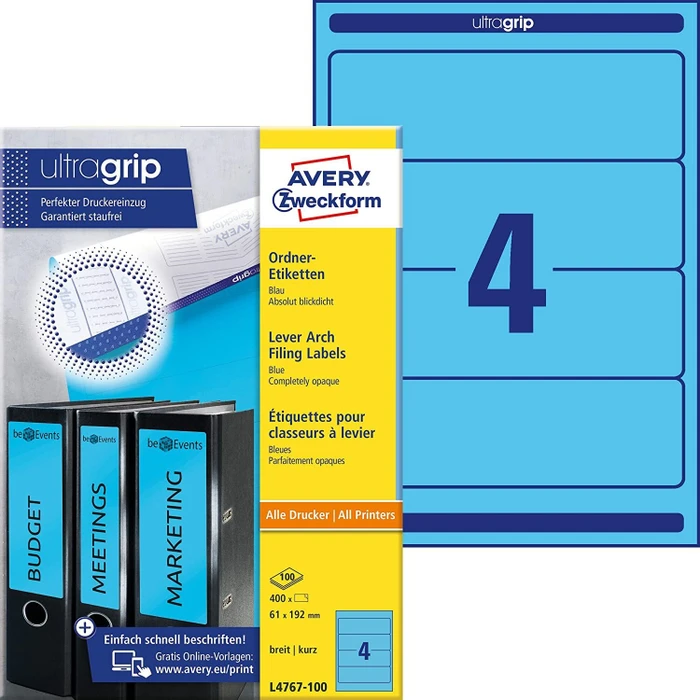 Avery-Zweckform Ordneretiketten, 192x61mm, blau, 100 Blatt (400 Etiketten)