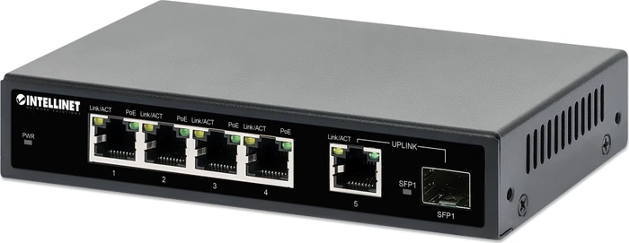 Intellinet Desktop Gigabit Switch, 5x RJ-45, 1x SFP, 91W PoE+