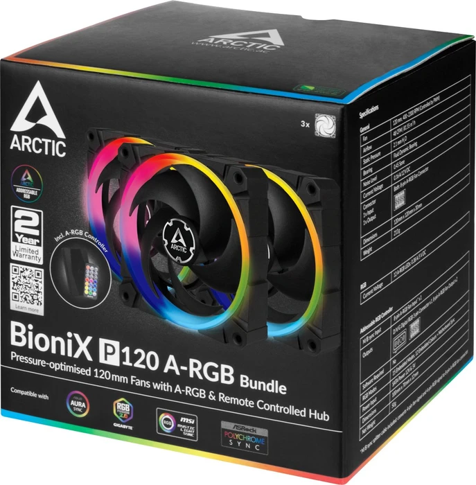 ARCTIC BioniX P120 ARGB, LED-Steuerung, Fernbedienung, 120mm, 3er-Pack
