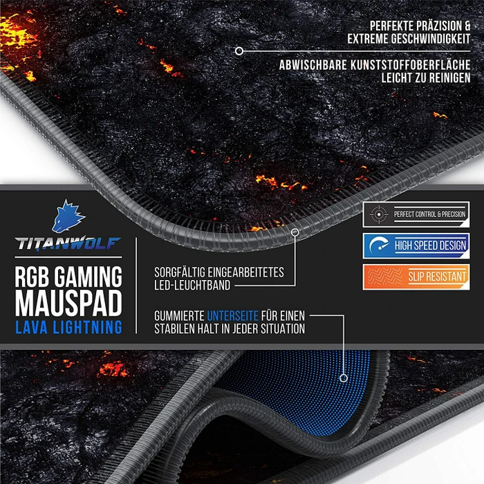 Titanwolf Lava Lightning RGB XXL Gaming-Mauspad, 800x300mm, schwarz/rot