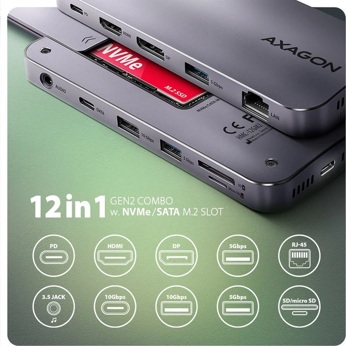 Axagon 12in1 Combo Hub, Dual-Slot-Cardreader, USB-C 3.1 [Buchse]