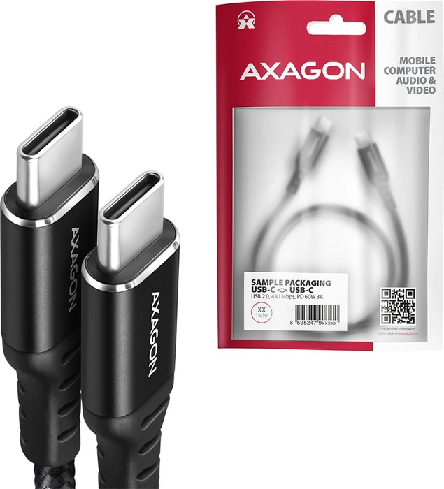 Axagon USB-C Kabel, HQ, USB 2.0, 480Mb/s, 60W PD, USB-C [Stecker] auf USB-C [Stecker], 3m