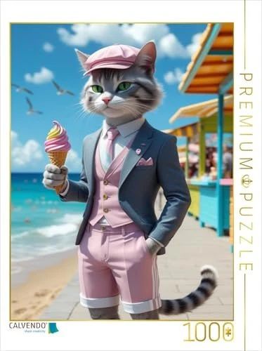 Calvendo Kater mit Eis im Sommeranzug - stilvolles Katzenmotiv am Strand