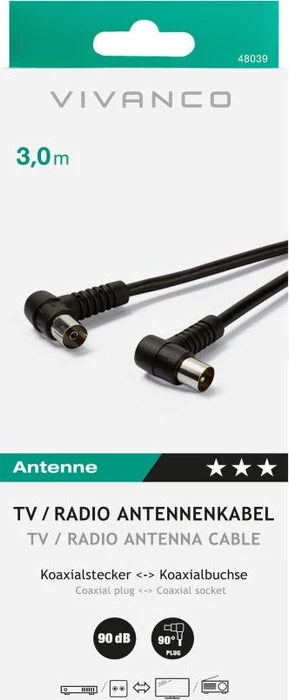 Vivanco TV/Radio Antennenkabel, 2x F-Stecker 90° gewinkelt, 90dB, schwarz, 3m