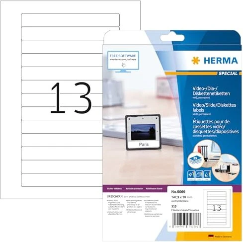 Herma Etiketten Video, 147.3x20mm, weiß, matt, 25 Blatt (325 Etiketten)