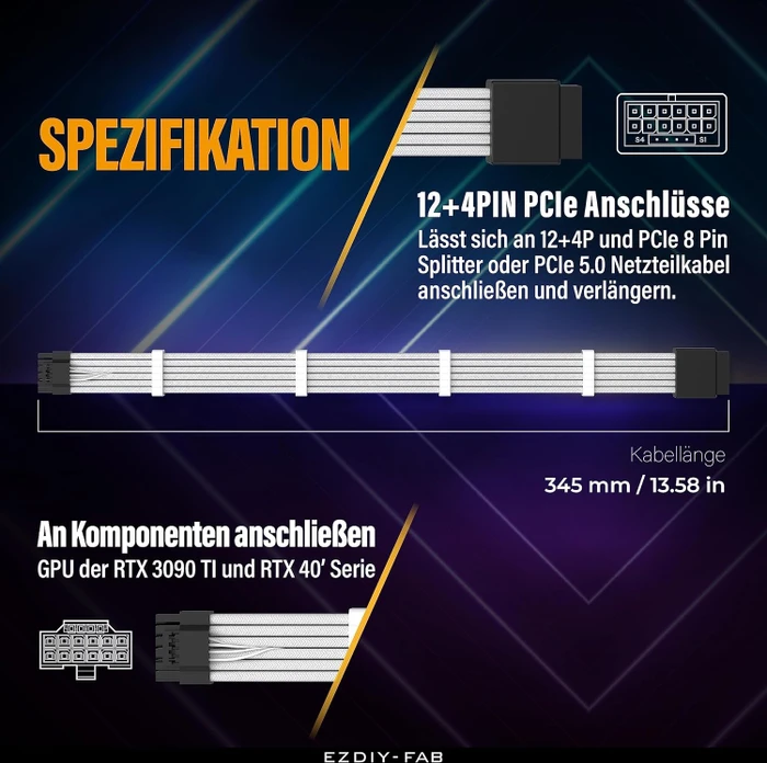 EZDIY-FAB 12VHPWR Kabel, 16-Pin PCIe Verlängerungskabel, 16-Pin PCIe 5.0 12VHPWR Buchse auf 16-Pin PCIe 5.0 12VHPWR Stecker, 16AWG, weiß/schwarz, 30cm
