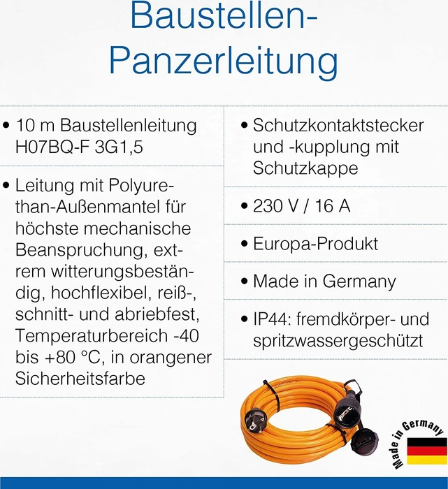 as-Schwabe Polyurethan Verlängerungskabel IP44 orange/schwarz, H07BQ-F 3G1.5, 10m