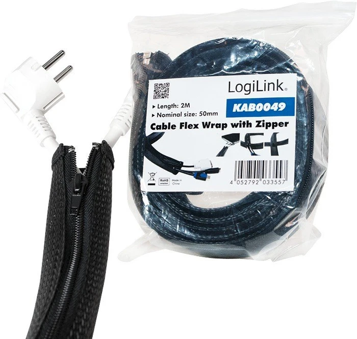 LogiLink Flexibler Kabelschutz Kabelmanagement mit Reißverschluss, 35mm, 2m, schwarz