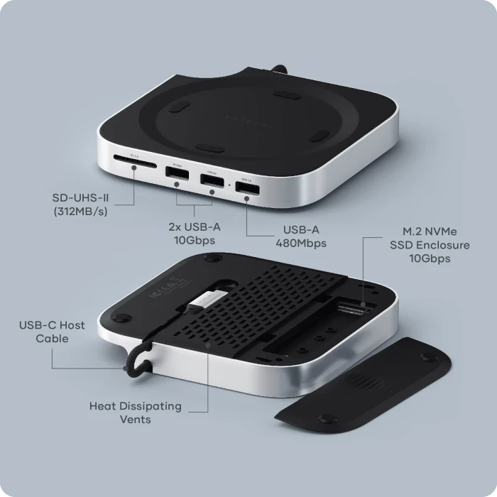 Satechi Mac Mini M4 Stand & Hub with SSD Enclosure, Silver, USB-C 3.1 [Stecker]