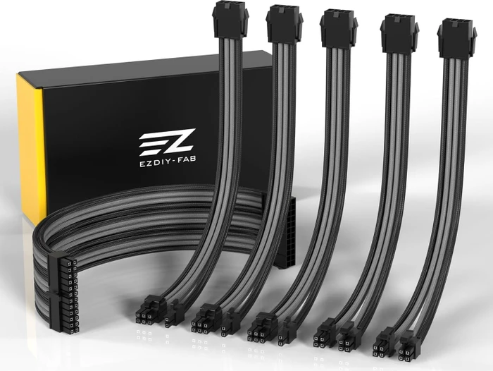 EZDIY-FAB Cable Extension Kit, 1x 24-Pin, 2x 4/8-Pin ATX, 3x 8-Pin PCIe, 18AWG, schwarz/grau