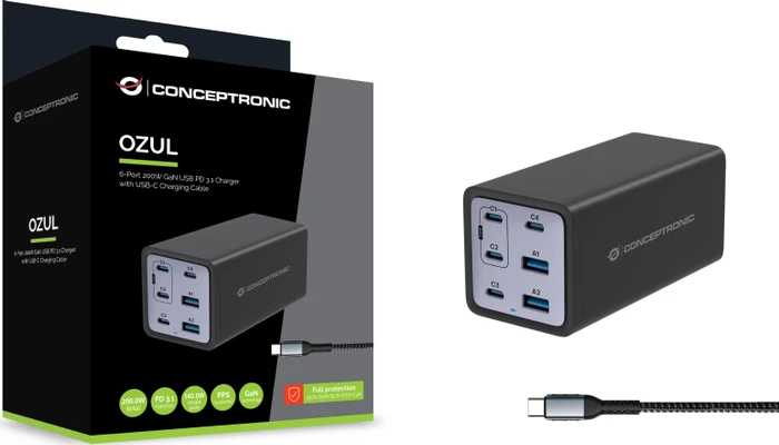 Conceptronic USB GaN Ladegerät, 4x USB-C + 2x USB-A, 200W schwarz