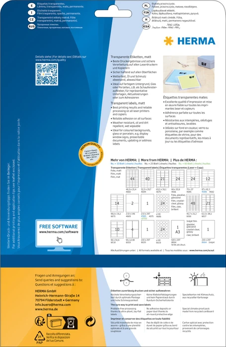Herma Folienetiketten, 63.5x38.1mm, wetterfest, transparent, matt, 25 Blatt (525 Etiketten)