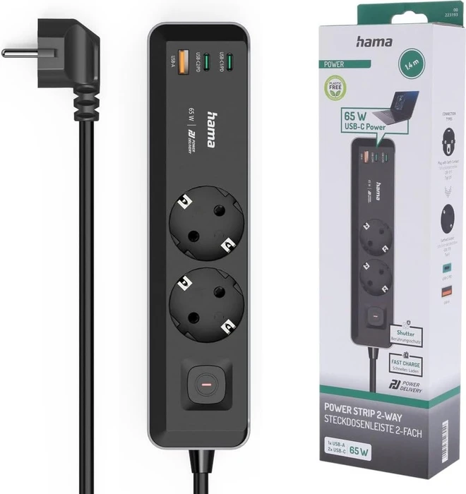 Hama Steckdosenleiste mit Schalter, 2-fach, 1x USB-A/2x USB-C 65W USB-PD, 1.4m, schwarz/grau
