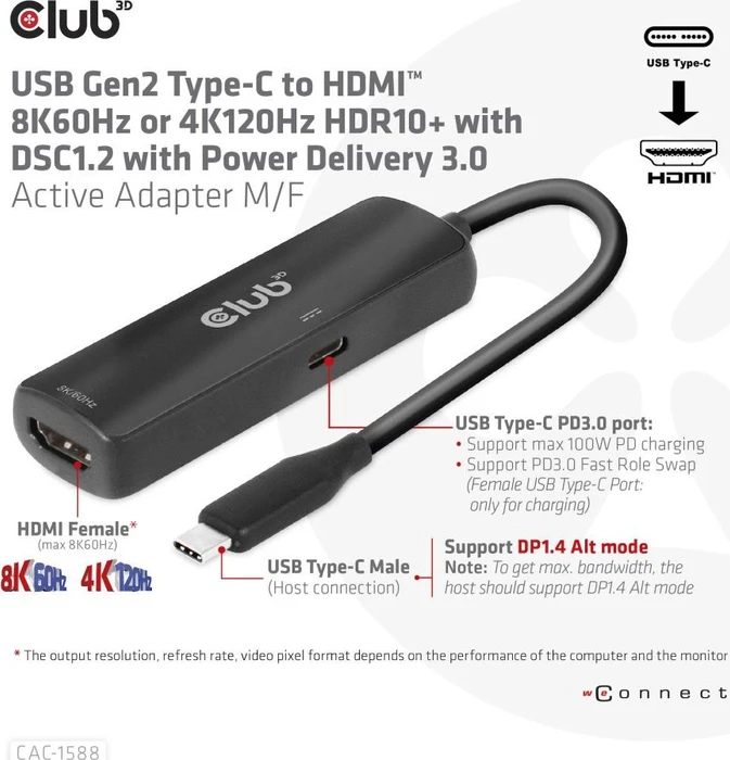 Club 3D USB-C [Stecker] auf HDMI 2.1 [Buchse], 4K120Hz HDR10 with DSC 1.2 Active Adapter M/F