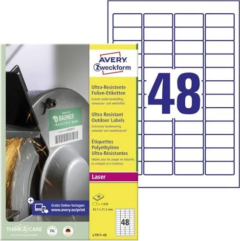 Avery-Zweckform Folienetiketten ultra resistent, 45.7x21.2mm, wetterfest, weiß, 40 Blatt (1920 Etiketten)