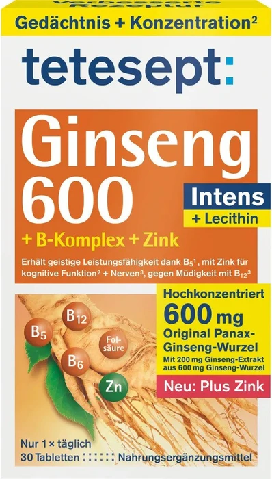 Tetesept Ginseng 600 + B-Komplex + Zink Filmtabletten, 30 Stück