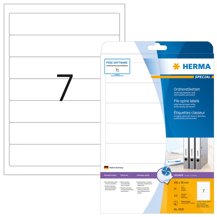 Herma Ordneretiketten Inkjet, 192x38mm, weiß, 25 Blatt (175 Etiketten)