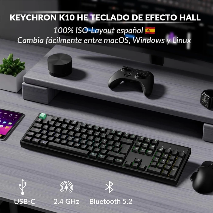 Keychron K10 HE Wireless, schwarz, LEDs RGB, Gateron 2.0 Magnetic Nebula, USB/Bluetooth, ES