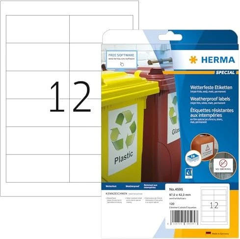 Herma Folienetiketten Inkjet, 97x42.3mm, wetterfest, weiß, matt, 10 Blatt (120 Etiketten)