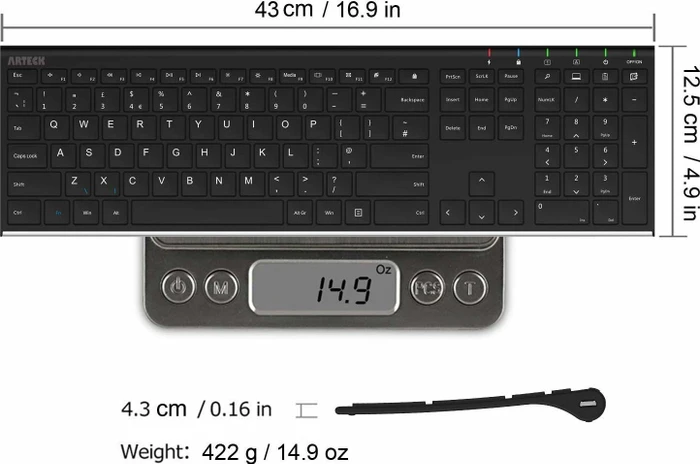 Arteck 2.4G Wireless Keyboard Stainless Steel Ultra Slim Full Size, EN
