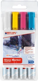 edding 95 Glasmarker weiß/hellblau/pink/gelb, 4er-Set, Etui mit Aufhängelasche