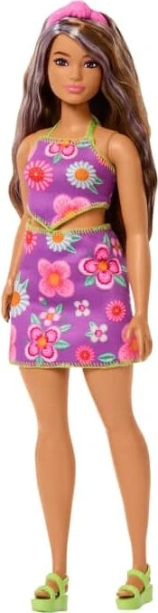 Mattel Barbie - Fashionistas Barbie in einem Neckholder-Kleid mit Blumenmuster, mit braunem Haar mit violetten Strähnchen