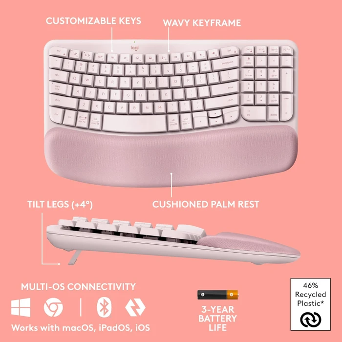 Logitech Wave Keys, Rose, Logi Bolt, USB/Bluetooth, US
