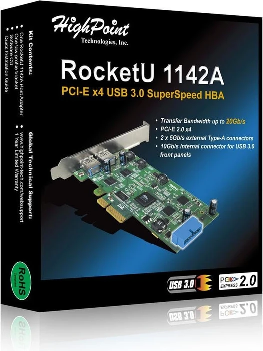 HighPoint RocketU 1142A, 2x USB 3.0, PCIe 2.0 x4
