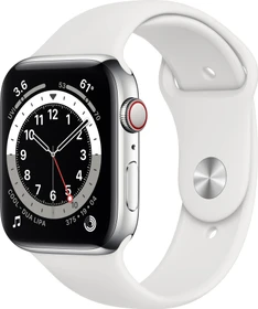 Apple Watch Series 6 (GPS + Cellular) 44mm Edelstahl silber mit Sportarmband weiß
