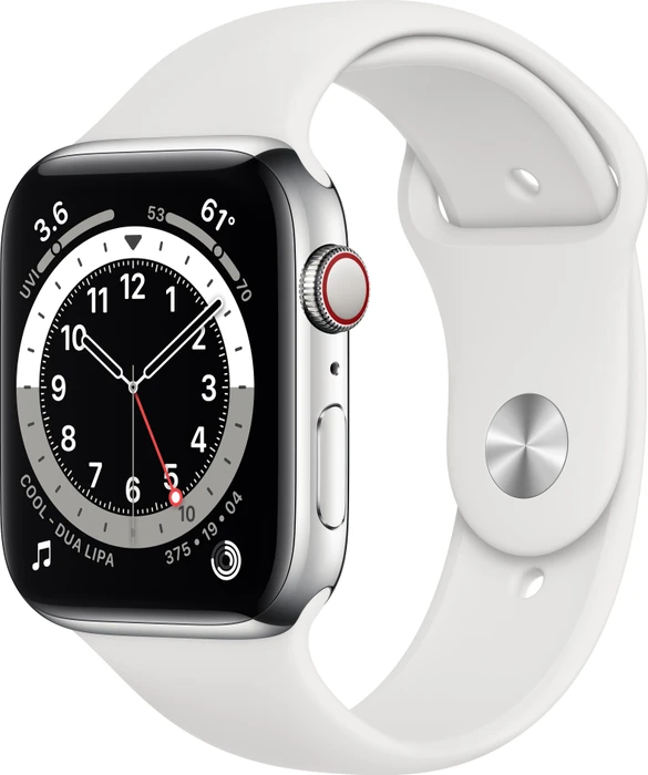 Apple Watch Series 6 (GPS + Cellular) 44mm Edelstahl silber mit Sportarmband weiß