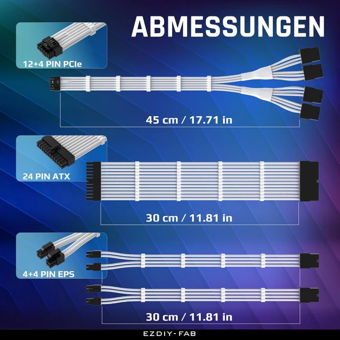 EZDIY-FAB 12VHPWR Cable Kit, 1x 24-Pin, 2x 4/8-Pin ATX, 1x 12VHPWR/4x 8-Pin PCIe, 16AWG, weiß/schwarz