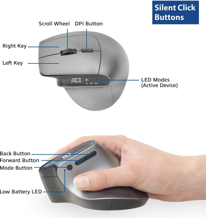 Act Wireless Ergonomic Mouse, schwarz/silber, USB-C/USB-A/Bluetooth