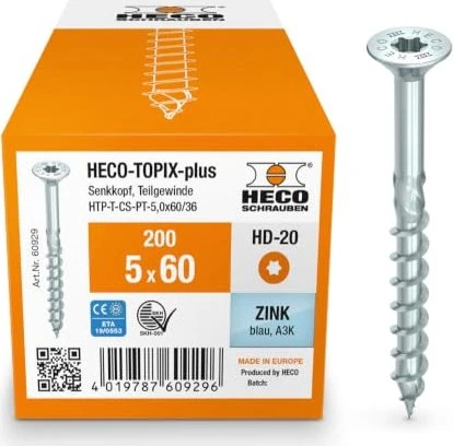HECO TOPIX-plus verzinkt blau A3K Torx T20 Holzschraube, 5x60mm, 200 Stück