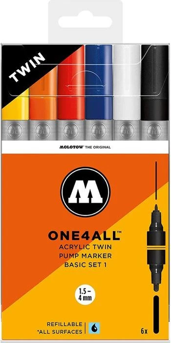 Molotow ONE4ALL Twin 1.5/4mm Acrylmarker Basic-Set 1 sortiert, 6er-Set, Etui