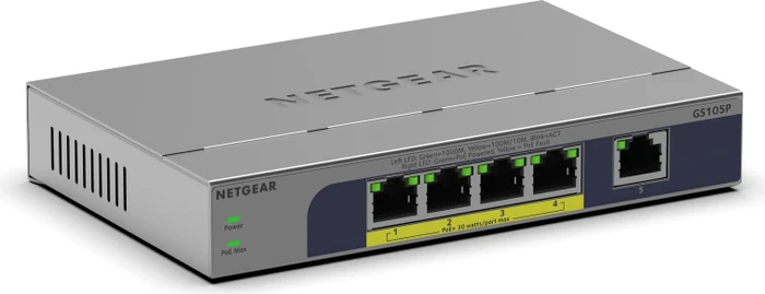 Netgear GS100 Desktop Gigabit Switch, 5x RJ-45, 83W PoE+