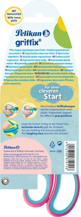 Pelikan griffix Schulschere Blisterverpackung, Universalschere, Rechtshänder, 140mm, türkis/rosa