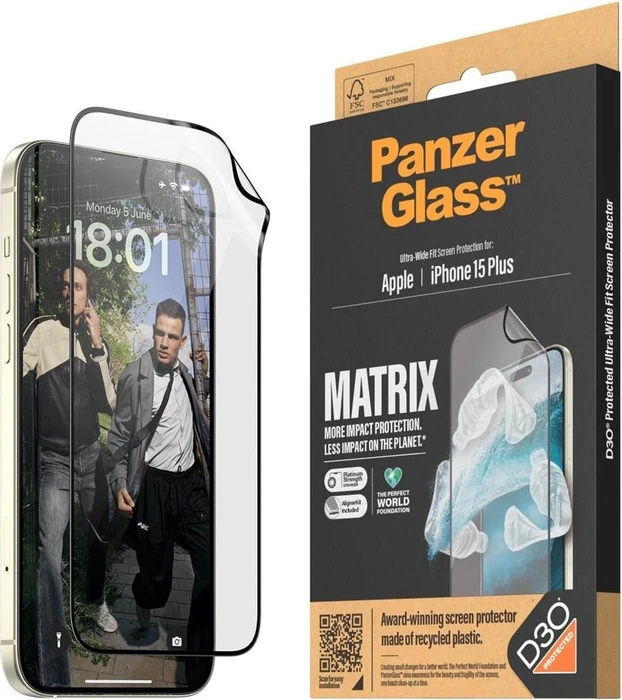 PanzerGlass Matrix Screen Protector Ultra-Wide Fit with Aligner Kit für Apple iPhone 15 Plus