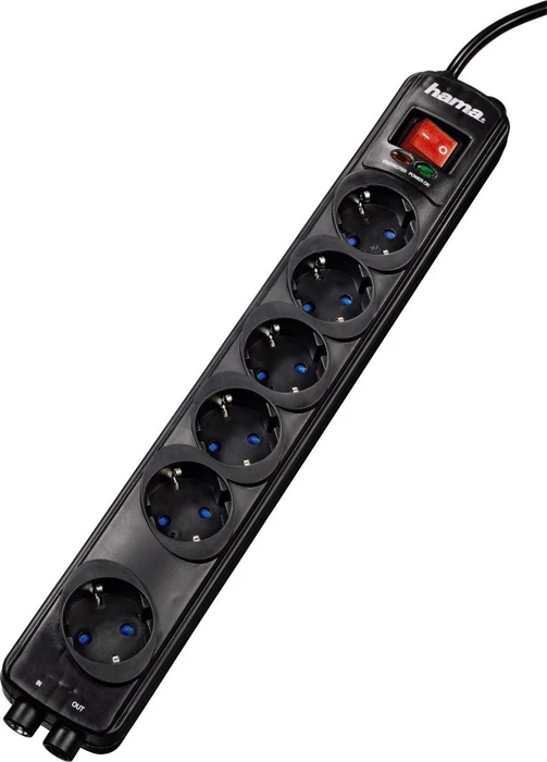 Hama Steckdosenleiste Protection mit Schalter, Netzfilter, Überspannungs- und TV-Schutz, 6-fach, 1.5m, schwarz