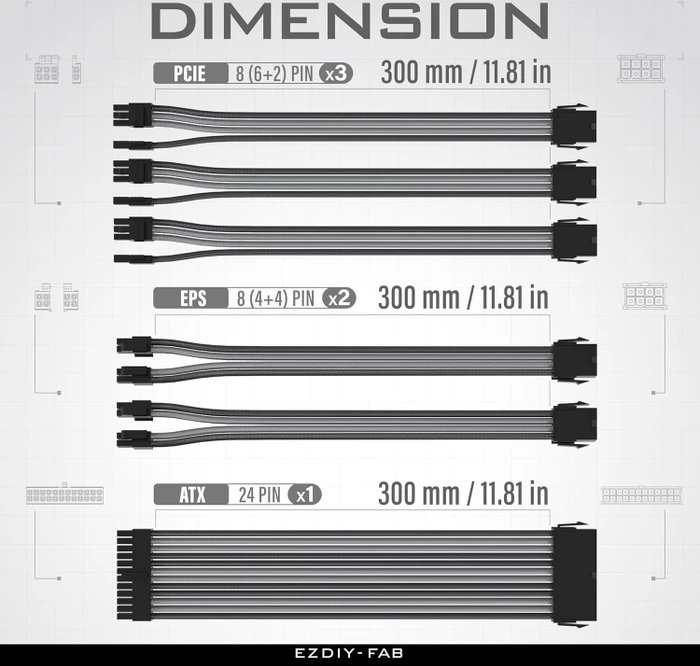 EZDIY-FAB Cable Extension Kit, 1x 24-Pin, 2x 4/8-Pin ATX, 3x 8-Pin PCIe, 18AWG, schwarz/grau