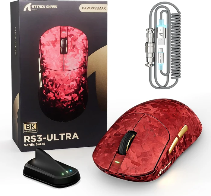 Attack Shark RS3 ULTRA Carbon Fiber 8KHz Wireless, Forged Red, inkl. C06 Ultra LED Kabel, USB/Bluetooth