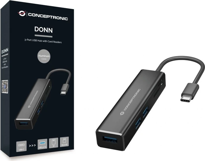 Conceptronic 3-Port USB-Hub mit Kartenleser, USB-C 3.0 [Stecker]
