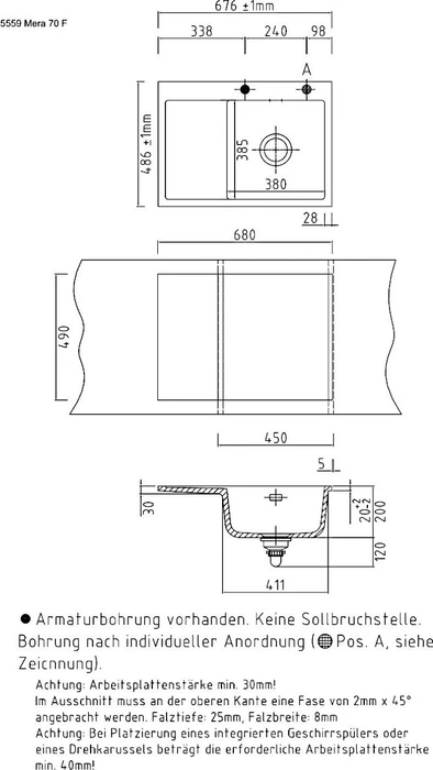 systemceram Mera 70 F Einbau Becken rechts mit Ablauffernbedienung titan