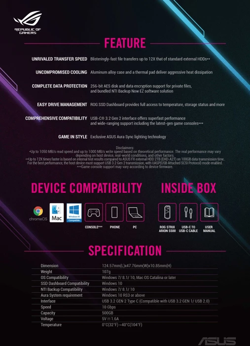 ASUS ROG Strix Arion S500, 500GB, USB-C 3.1