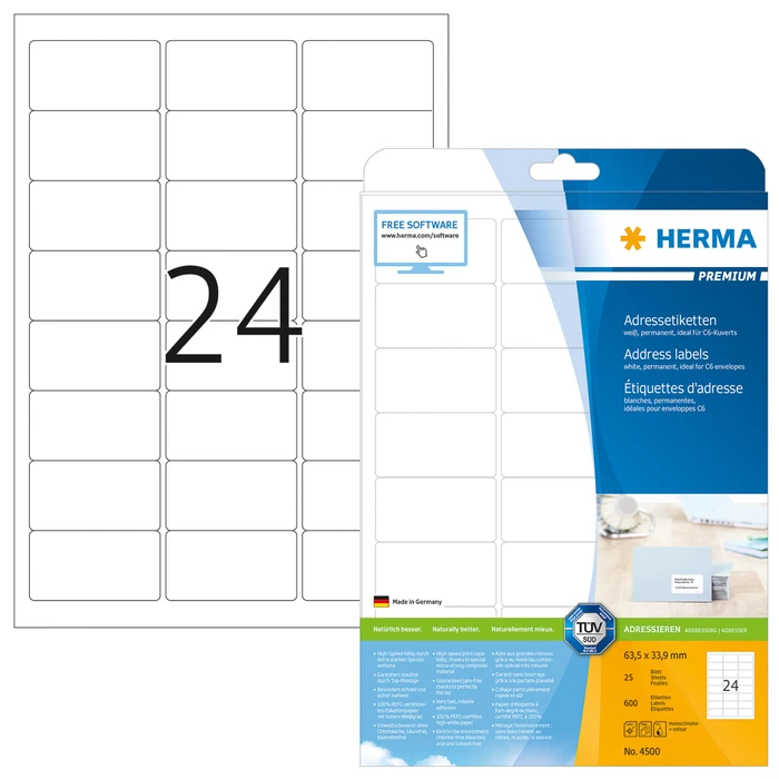 Herma Etiketten Premium, 78.7x139.7mm, weiß, matt, 25 Blatt (600 Etiketten)