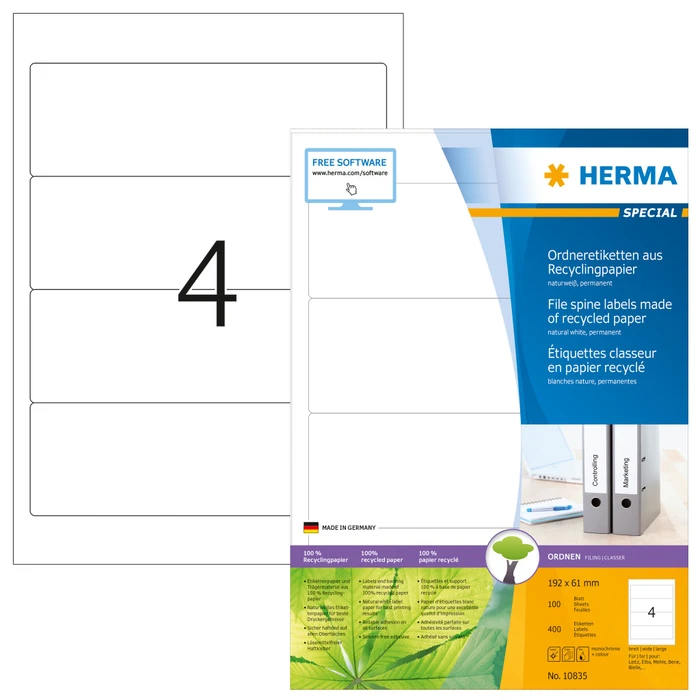 Herma Ordneretiketten Recycling, 192x61mm, weiß, matt, 100 Blatt (400 Etiketten)